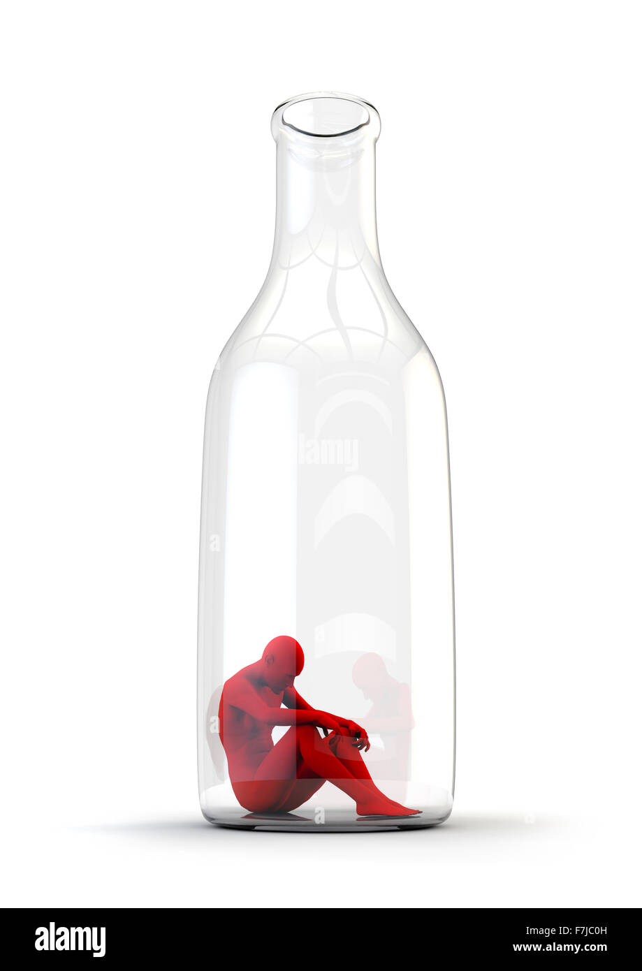 Leben in der Flasche / Alkoholismus Konzept mit traurigen männliche Figur sitzt am unteren Rand einer Flasche Stockfoto