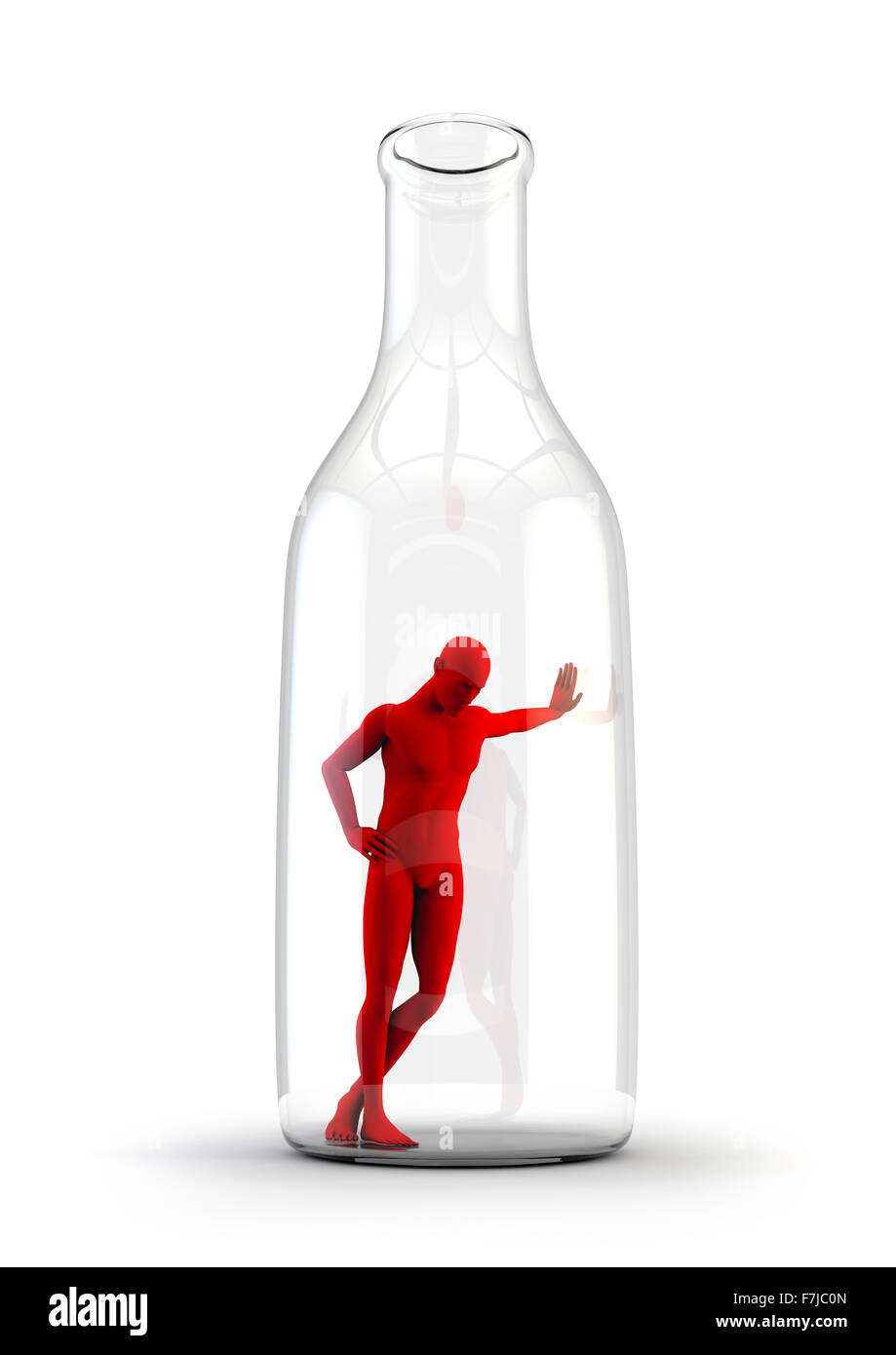 Leben in der Flasche / Alkoholismus Konzept mit traurigen männliche Figur lehnt sich an das Innere einer Flasche Stockfoto