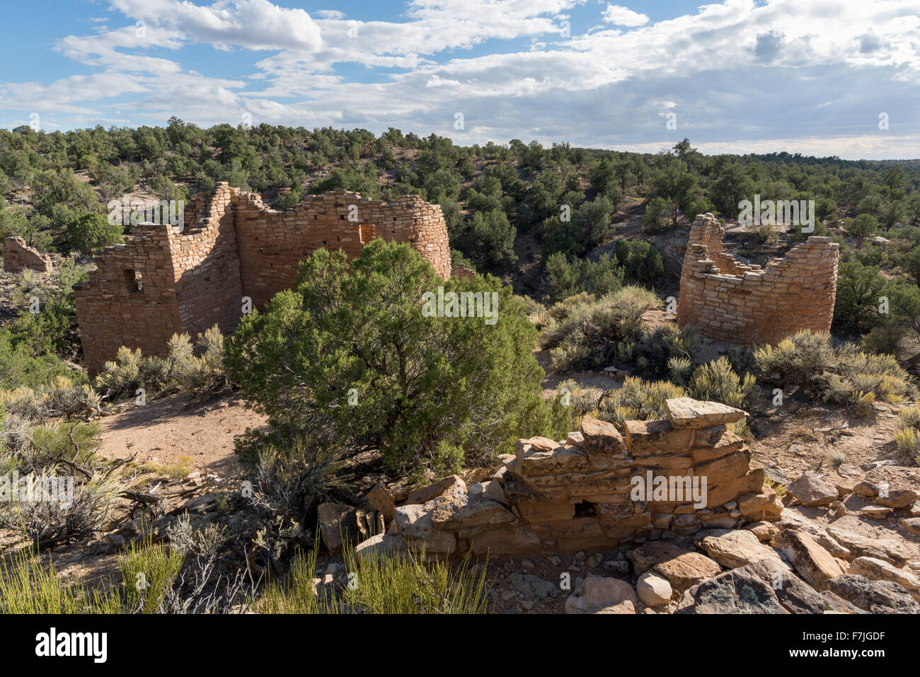 Halsabschneider Schloss und Halsabschneider Turm, uralten Puebloan Strukturen im Hovenweep National Monument, Colorado. Stockfoto