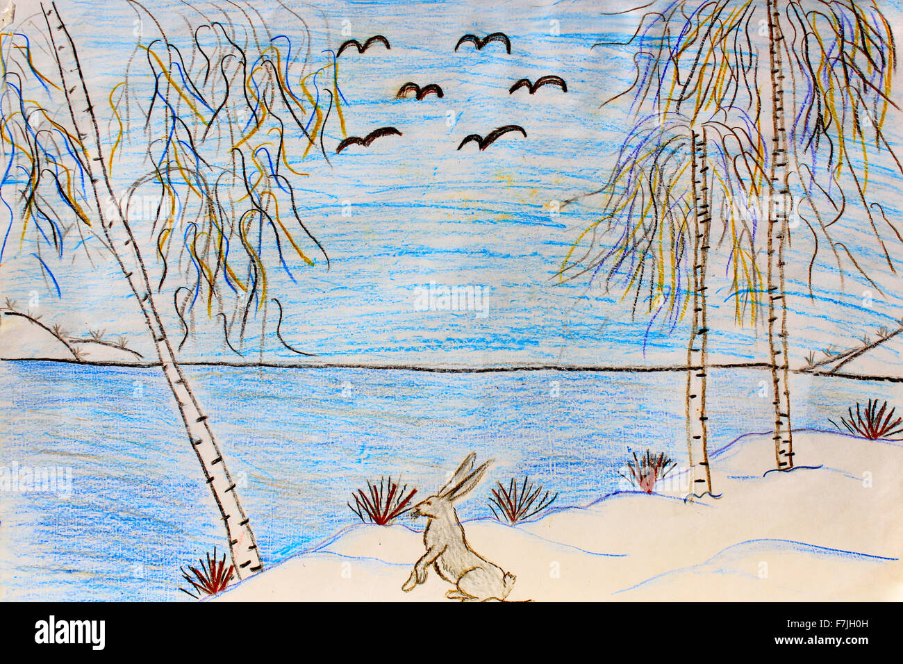 kindliche Zeichnung Winter Hasen am Ufer des Flusses mit Schnee und Bäumen Stockfoto