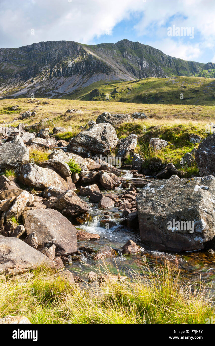 Ein kleiner Gebirgsbach halbiert Fuchses Weg führt auf den Gipfel des Cader Idris in der Ferne. Stockfoto