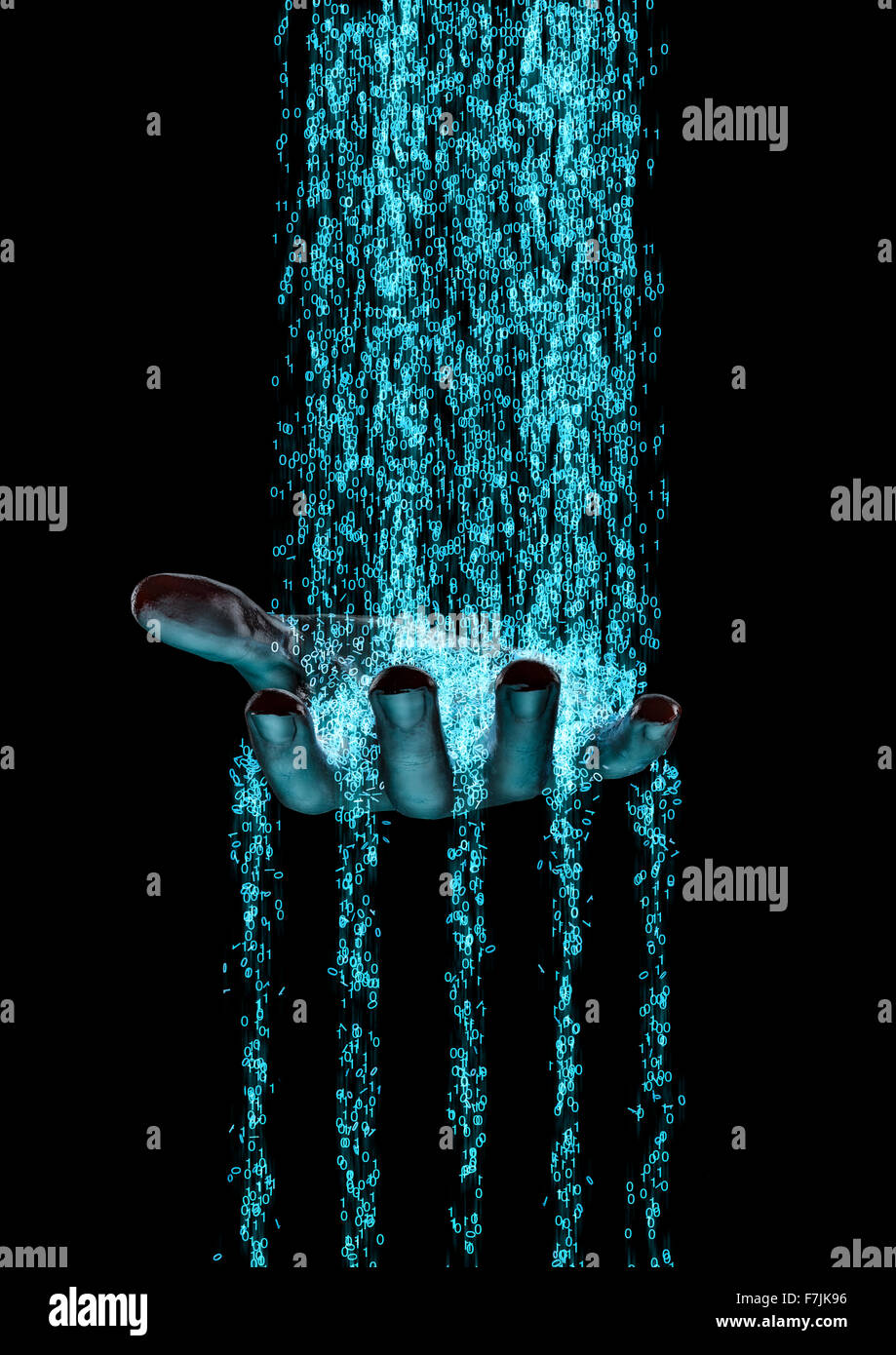 Binäre Fluss Hand / 3D Render von binären Daten fließen an die menschliche Hand Stockfoto