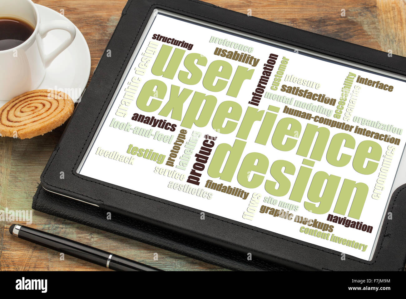 Benutzer-Erfahrung-Design-Konzept - Wortwolke auf digitale Tablett mit einer Tasse Kaffee Stockfoto