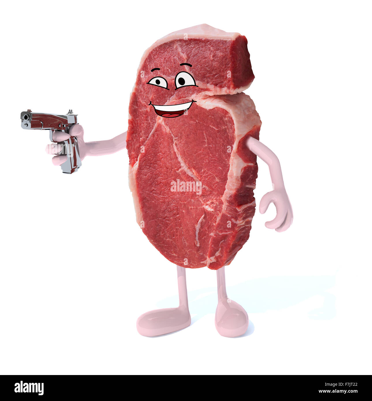 Steak mit Armen, Beinen und Pistole auf Seite Isoloated 3d illustration Stockfoto