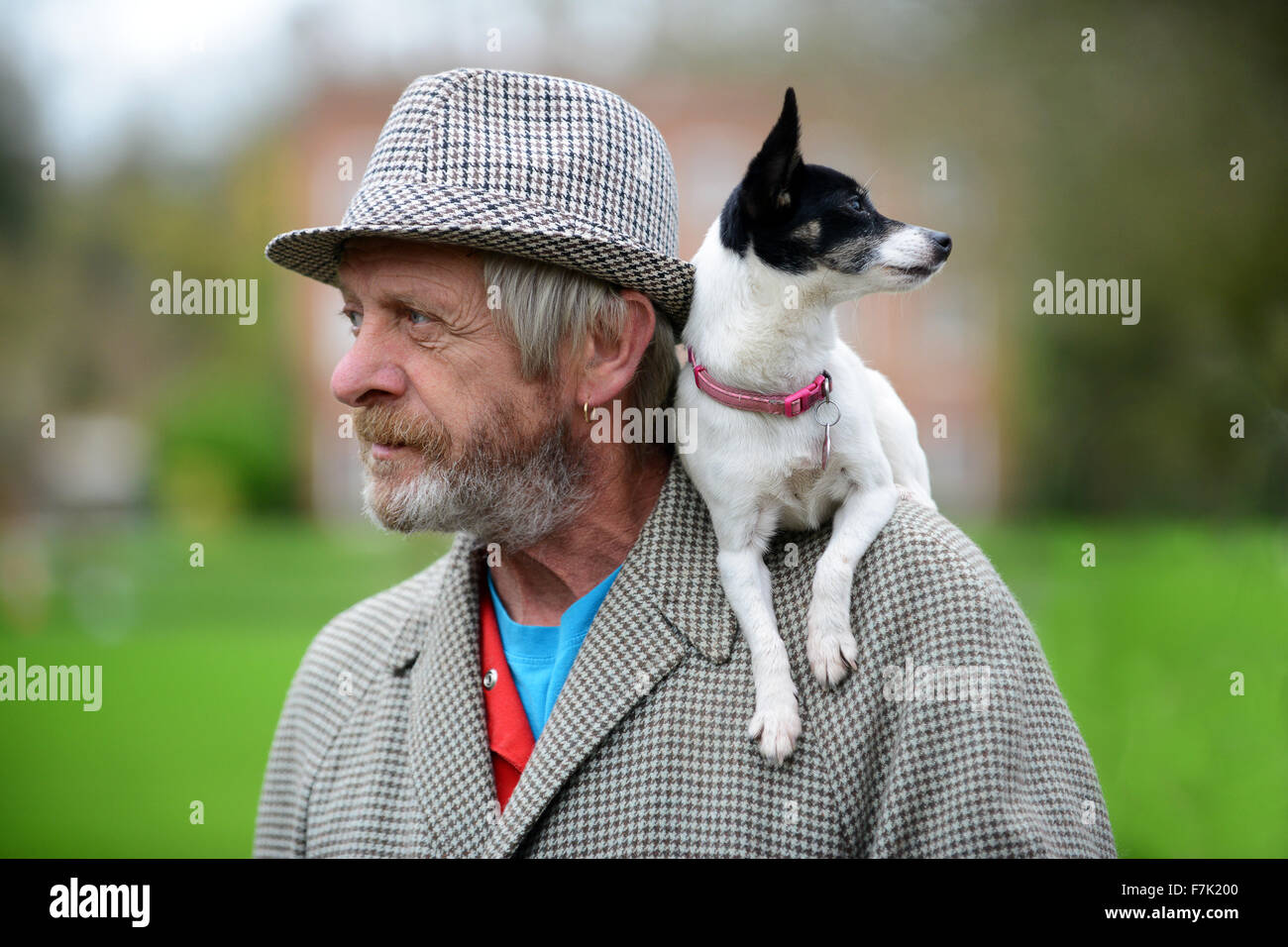 Mann mit seinem Hund auf seiner Schulter humorvoll lustig lustige Tier Stockfoto