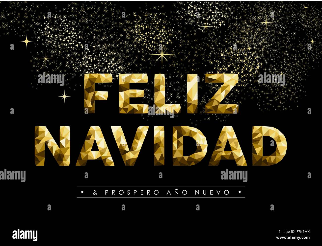 Frohe Weihnachtsgrußkarte in spanischer Sprache: Feliz Navidad und Neujahr gold Label low-Poly-Stil. Ideal für Urlaub Stock Vektor