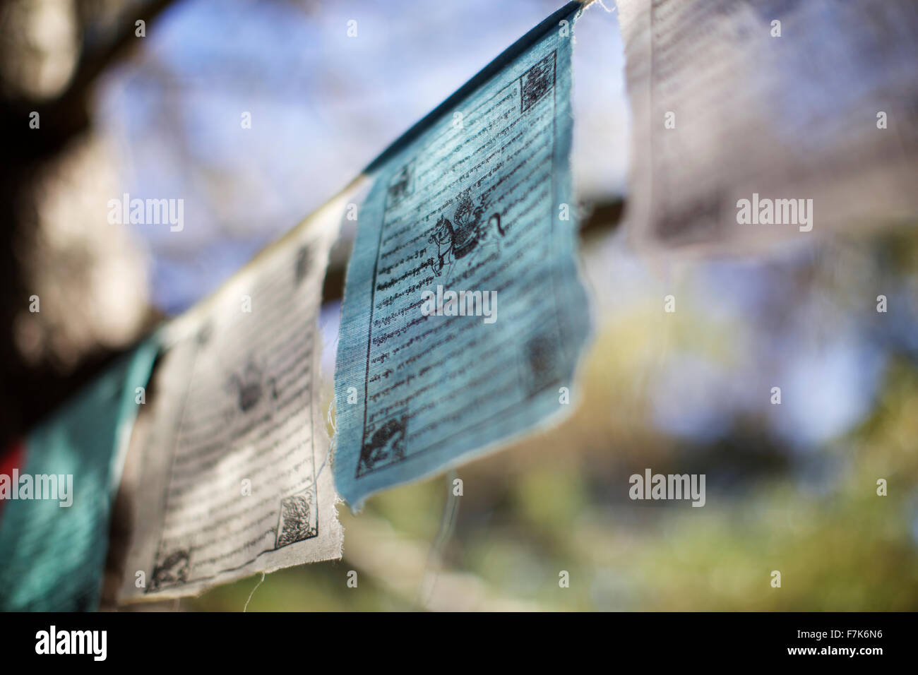 Dies ist ein Strang von blau und weiß traditionelle buddhistische Gebetsfahnen im buddhistischen Kulturzentrum in Bloomington, Indiana Stockfoto