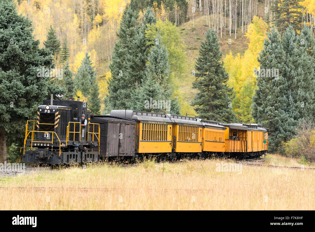 Diesellok ziehen Durango & Silverton Narrow Gauge Railroad Zug, Colorado. Stockfoto