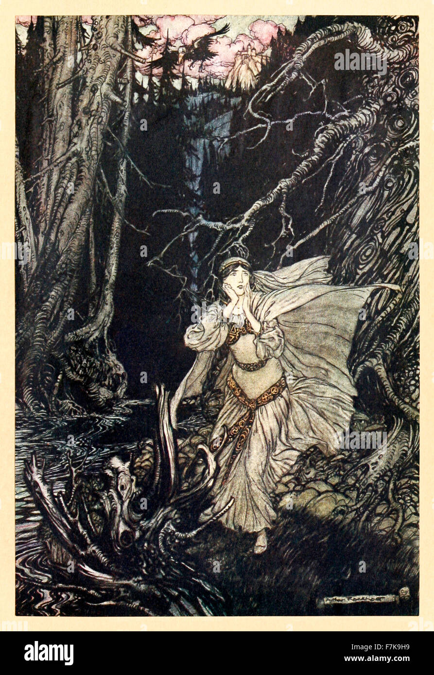 "Bertalda in das Black Valley" von "Undine", illustriert von Arthur Rackham (1867-1939). Siehe Beschreibung für mehr Informationen. Stockfoto