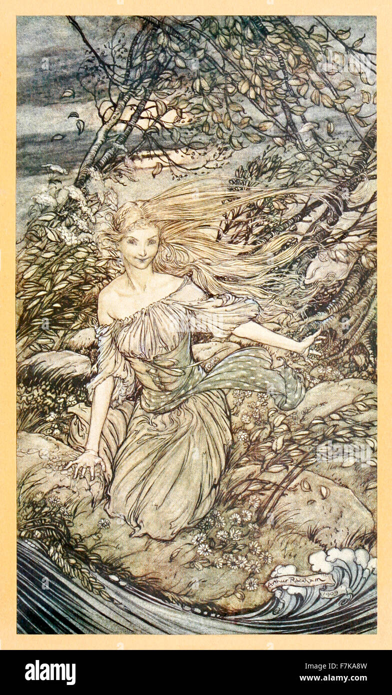 "Er sah durch das Mondlicht kurz vorgestellt, einer kleinen Insel, umgeben von der Flut; und gab es unter den Zweigen der überhängende Bäume Undine "von"Undine", illustriert von Arthur Rackham (1867-1939). Siehe Beschreibung für mehr Informationen. Stockfoto