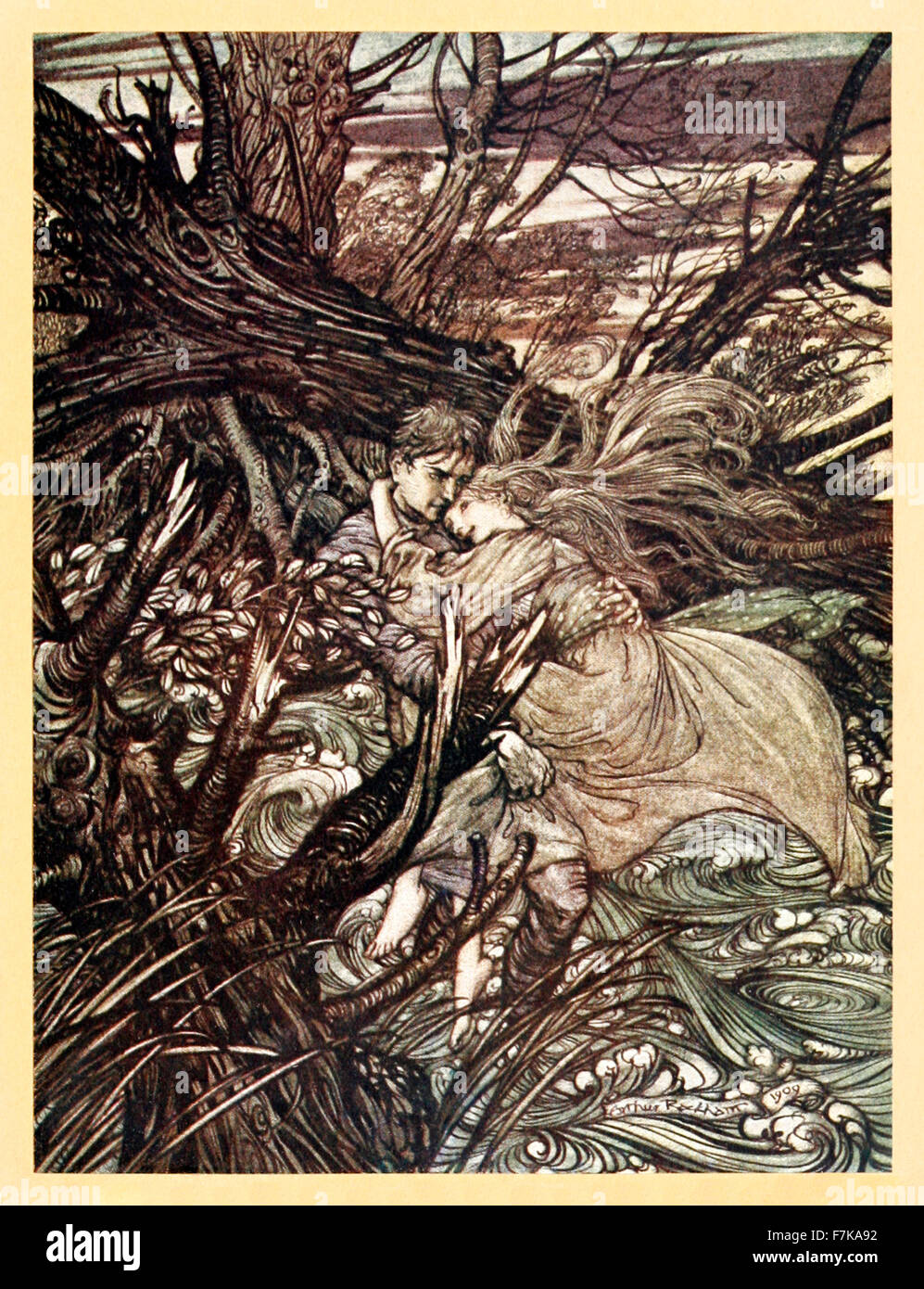 Der Ritter nahm das schöne Mädchen in seinen Armen... "von"Undine", illustriert von Arthur Rackham (1867-1939). Siehe Beschreibung für mehr Informationen. Stockfoto