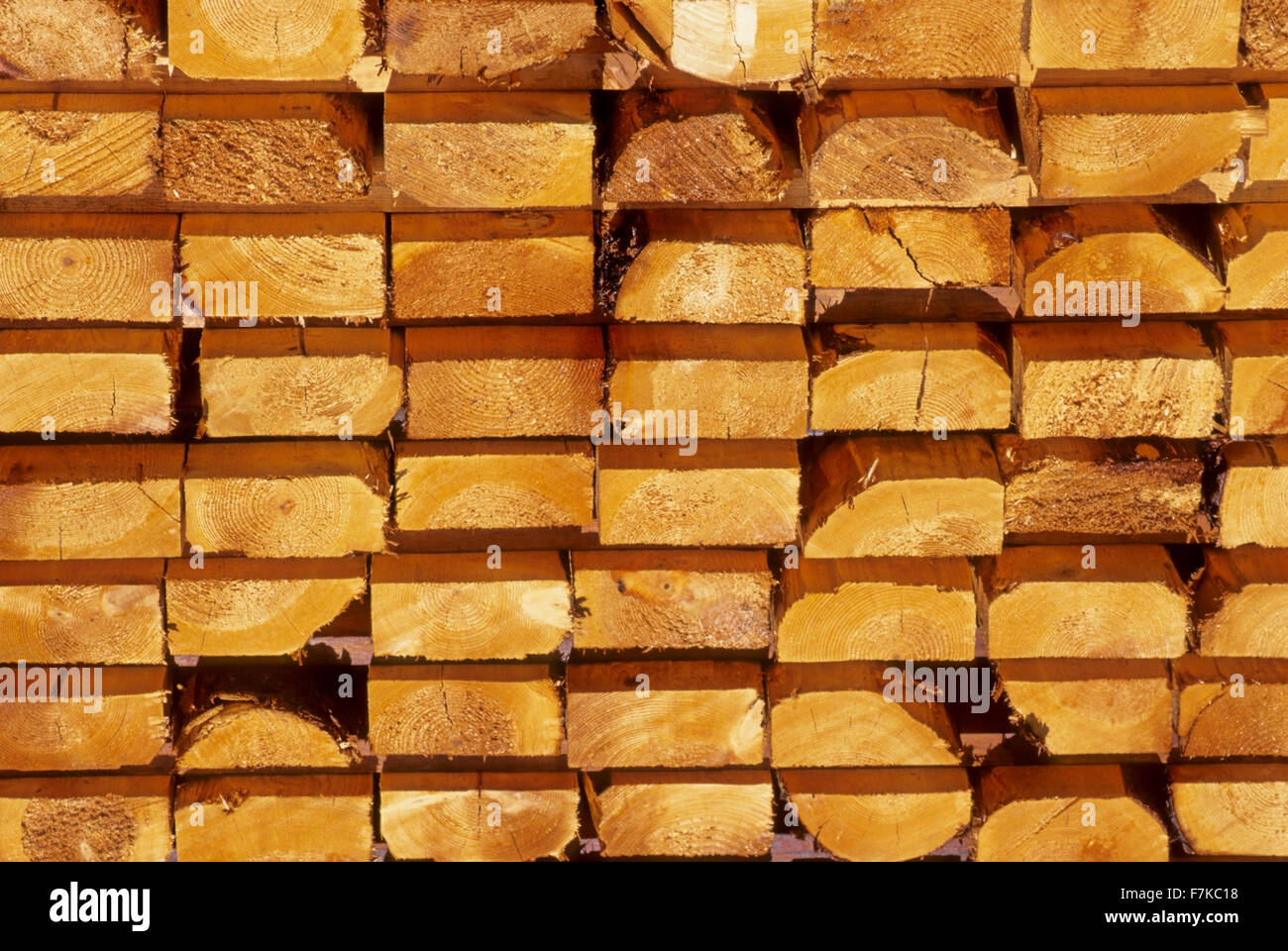 Geschnittenen dreidimensionale Holz gestapelt im Sägewerk, Smithers, Britisch-Kolumbien Stockfoto