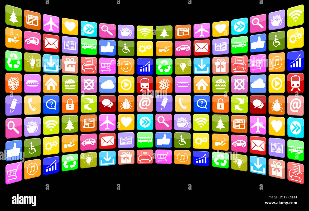 Applikation Apps App Icon Icons Multimediaprogramm Sammlung für mobile oder smart phone Stockfoto