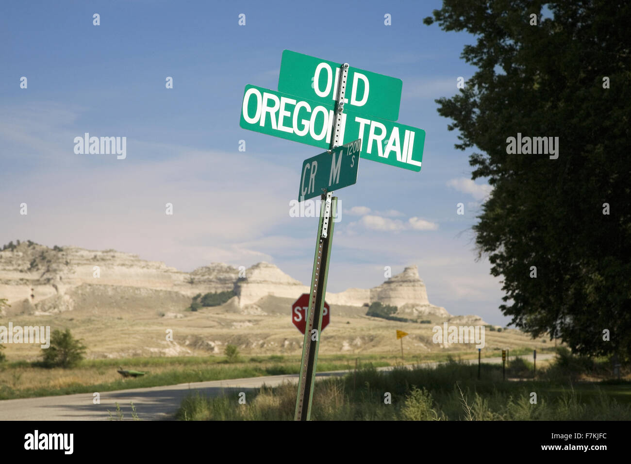 Ein Wegweiser zu Oregon Trail Road am Scotts Bluff National Monument, eine Website auf dem Oregon Trail, Scottsbluff, Nebraska Stockfoto