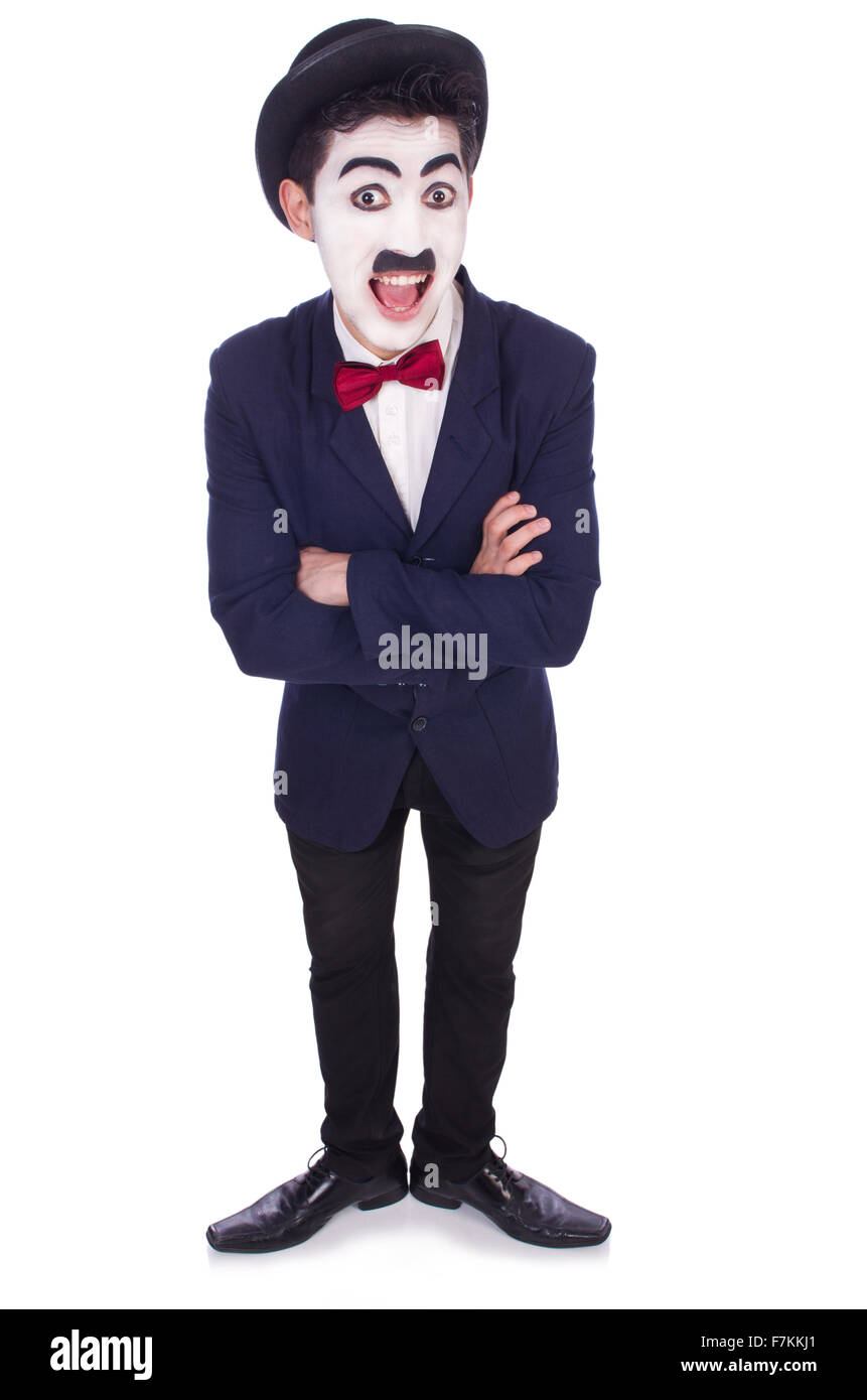 Personifizierung von Charlie Chaplin auf weiß Stockfoto