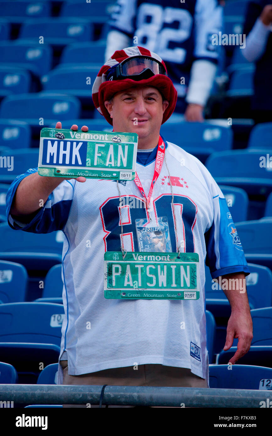 New England Patriots NFL Fußball-Fan Kleingebäck Vermont Kennzeichen sagen PATSWIN im Gillette Stadium, die Heimat der Superbowl champs, New England Patriots, 16. Oktober 2011, Foxborough, Boston, MA Stockfoto