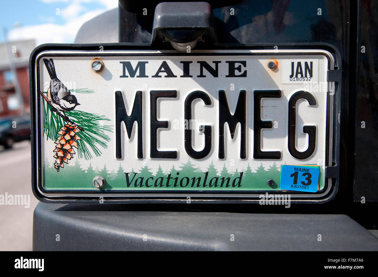 Maine Eitelkeit Nummernschild sagen 'Megmeg', Maine Stockfoto