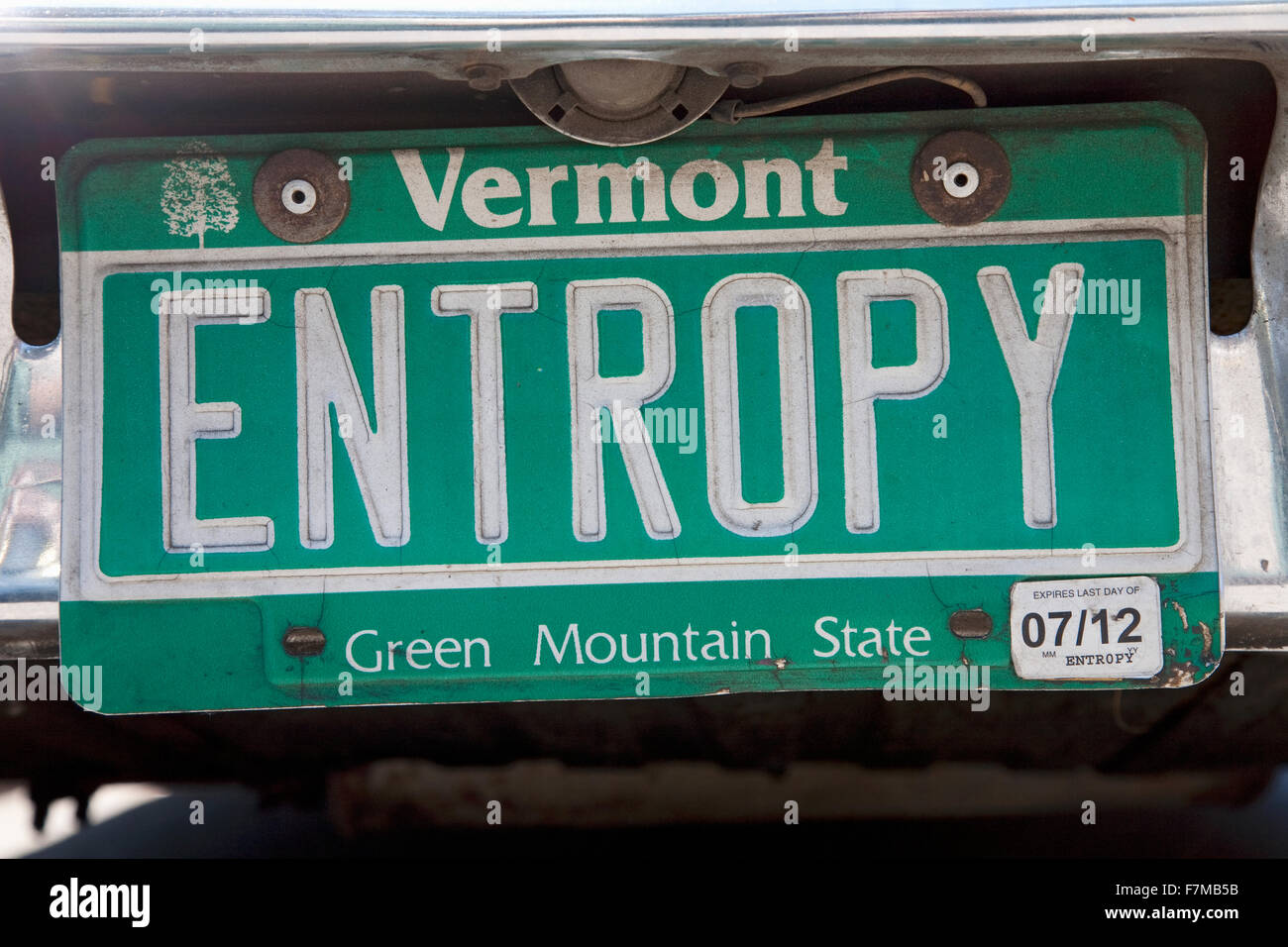 "Entropie" Vermont individuelle Kfz-Kennzeichen Stockfoto