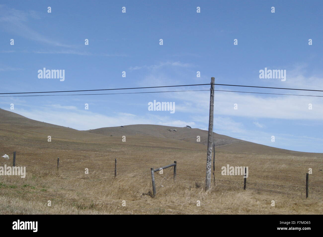 Braunen Hügeln und Telefon Draht in ländlichen Zentral-Kalifornien. Stockfoto