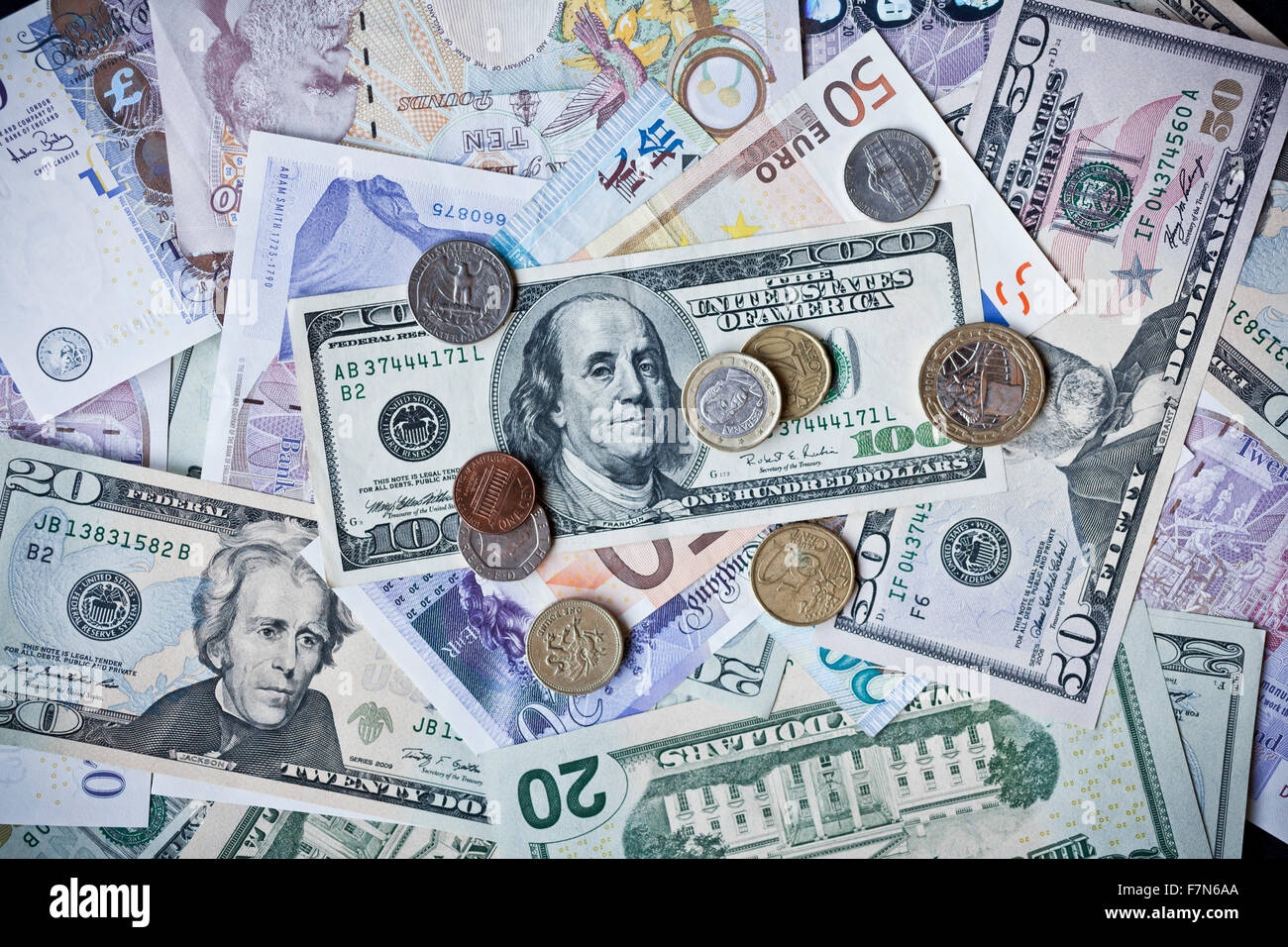 Internationalen Währungen. Geld aus den Vereinigten Staaten, Europa, Großbritannien und Hongkong Stockfoto