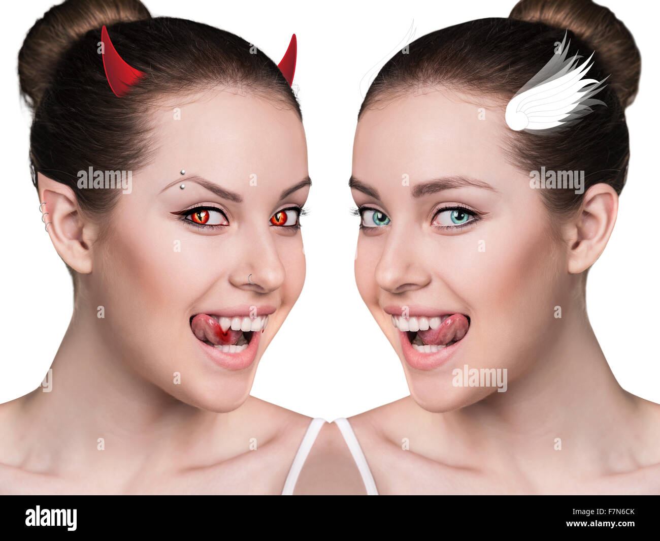 Zwei Teil der schönen Frau. Dämon und Engel. Stockfoto