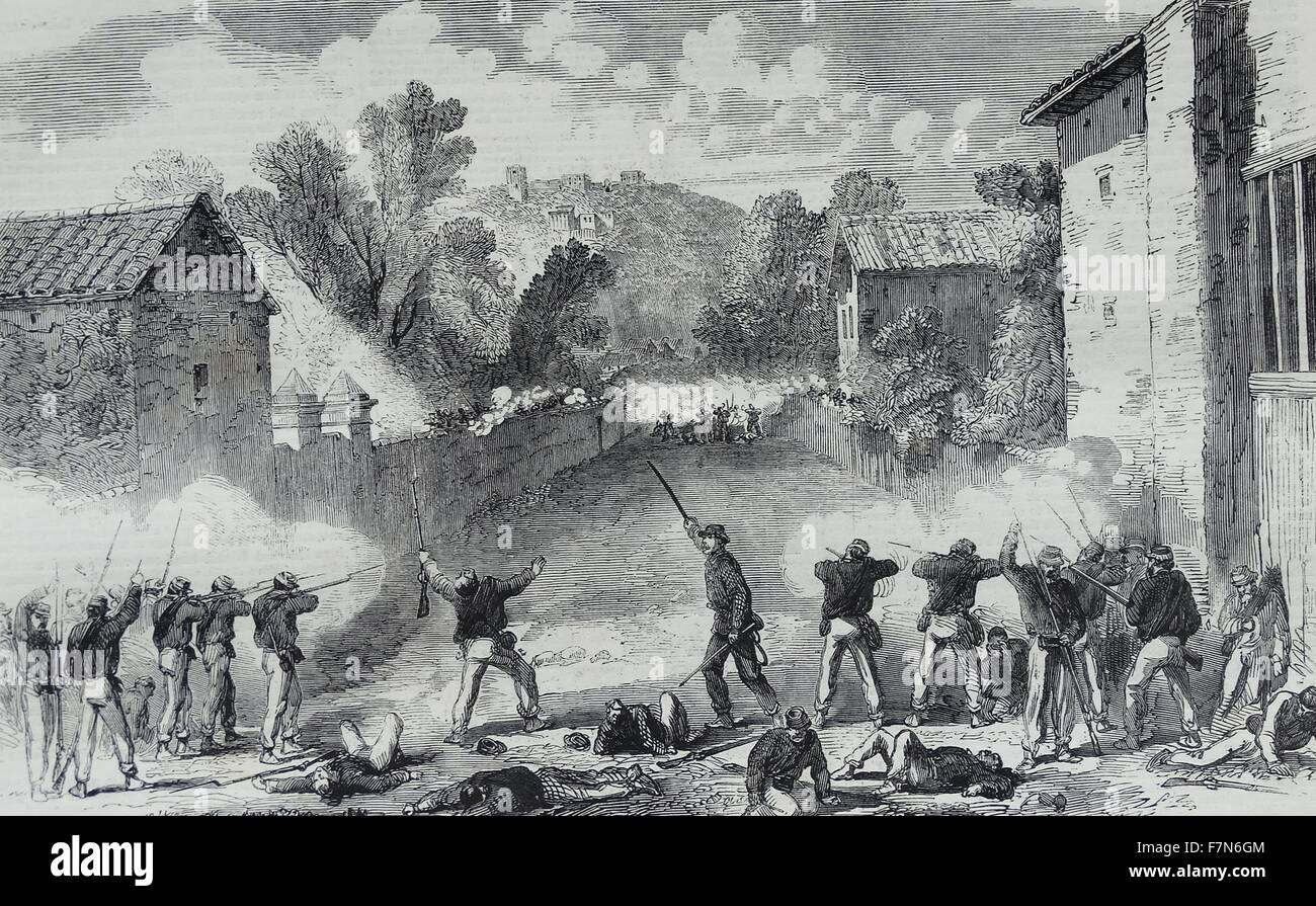 Sizilianische Plänkler Angriff auf dem Vormarsch Beiträge der Neapolitaner an der linken Flanke an Melazzo.   1860 Stockfoto