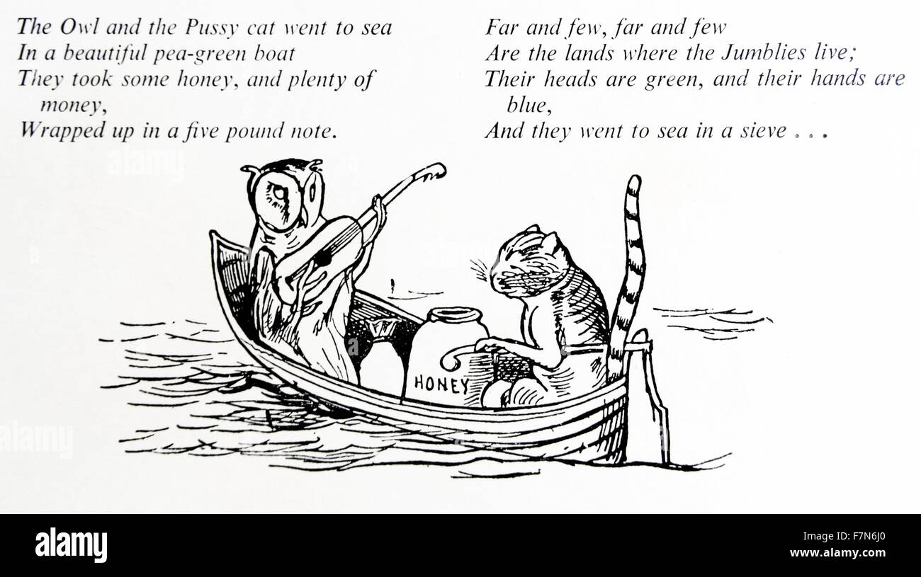 Die Eule und der Pussycat Characaters von Edward Lear (1812 – 1888) britischer Maler, Illustrator, Autor und Dichter, und jetzt bekannt meistens für seine literarischen Unsinn in Poesie und Prosa und vor allem seine Limericks Stockfoto