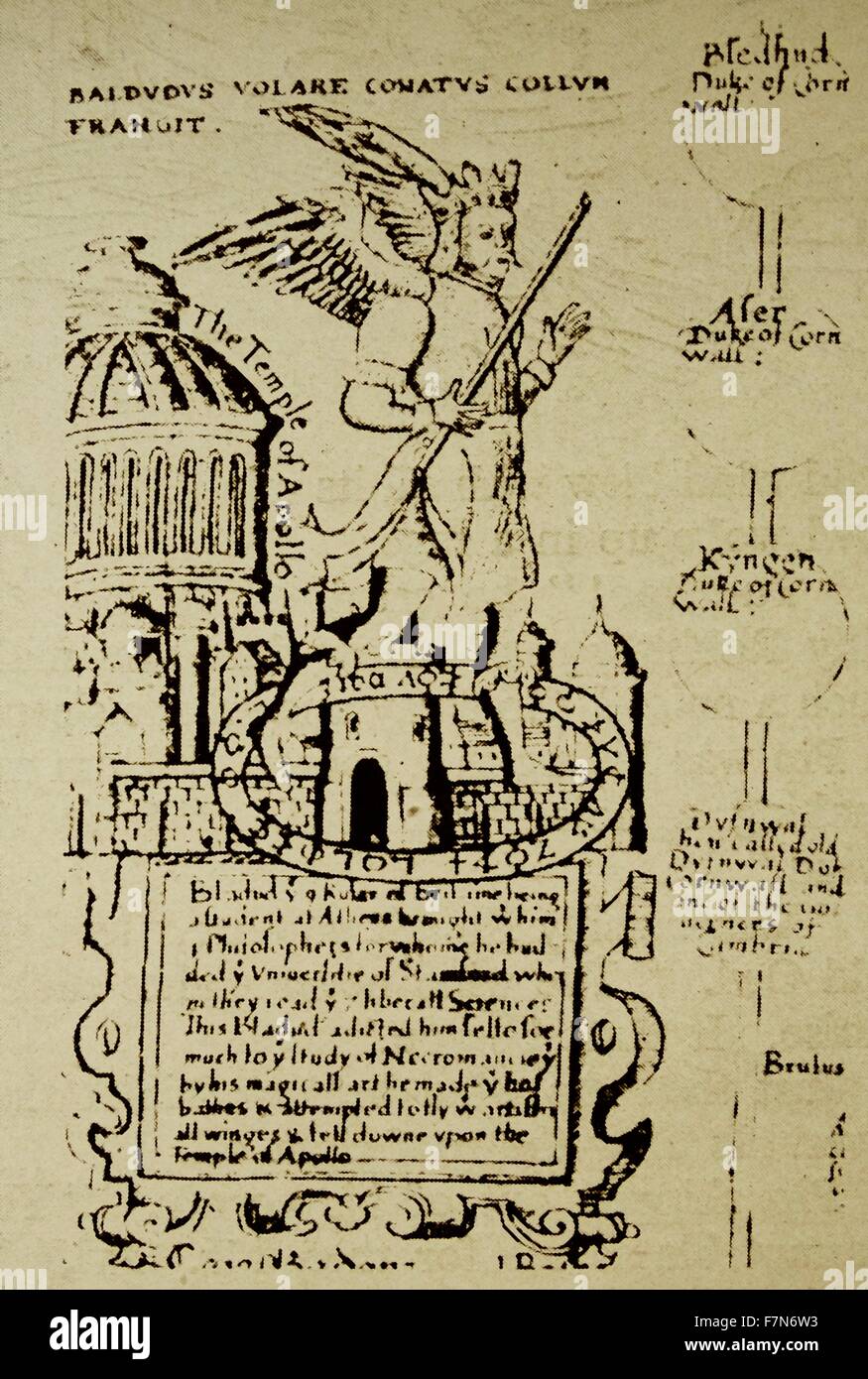 Ein Bild von König Bladud versucht, über London, mit seinen künstlichen Flügeln Lyte Abstammung von 1605 zu fliegen. Stockfoto