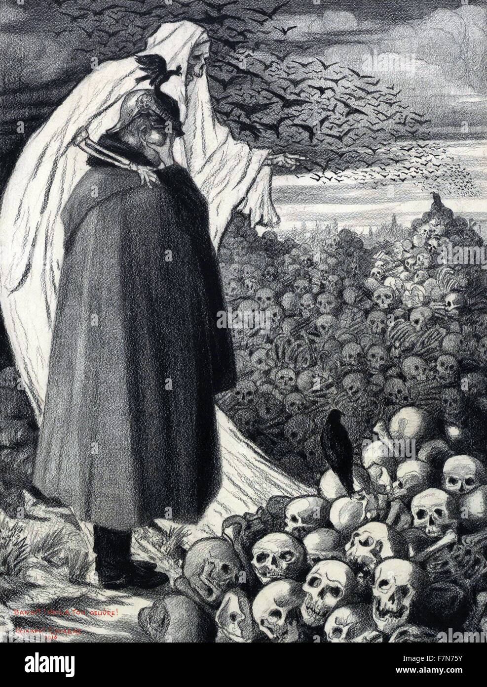 Bösewicht ihre Arbeit 'russische Welt krieg Propaganda Poster. Der Feind des Menschen wird von Kaiser Wilhelm II. personifiziert (1859-1941), dessen Politik auf den Ausbruch des Krieges beigetragen hatten. Er karikiert als paarhufer Foote, beschattete, Teufel, seine Sohle Helm kaum in der Lage, seine spitzen Ohren zu verbergen und Holding menschlichen Schädeln: ein Symbol von Gier, das Böse und Brutalität. Stockfoto