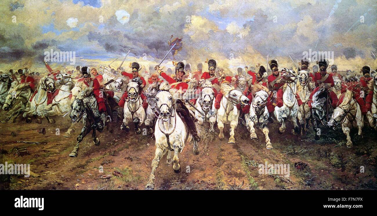 Schottland Forever von Lady Butler lackiert (1846-1933). Die Ladung des Scots Greys während der Schlacht von Waterloo, 1815. Stockfoto