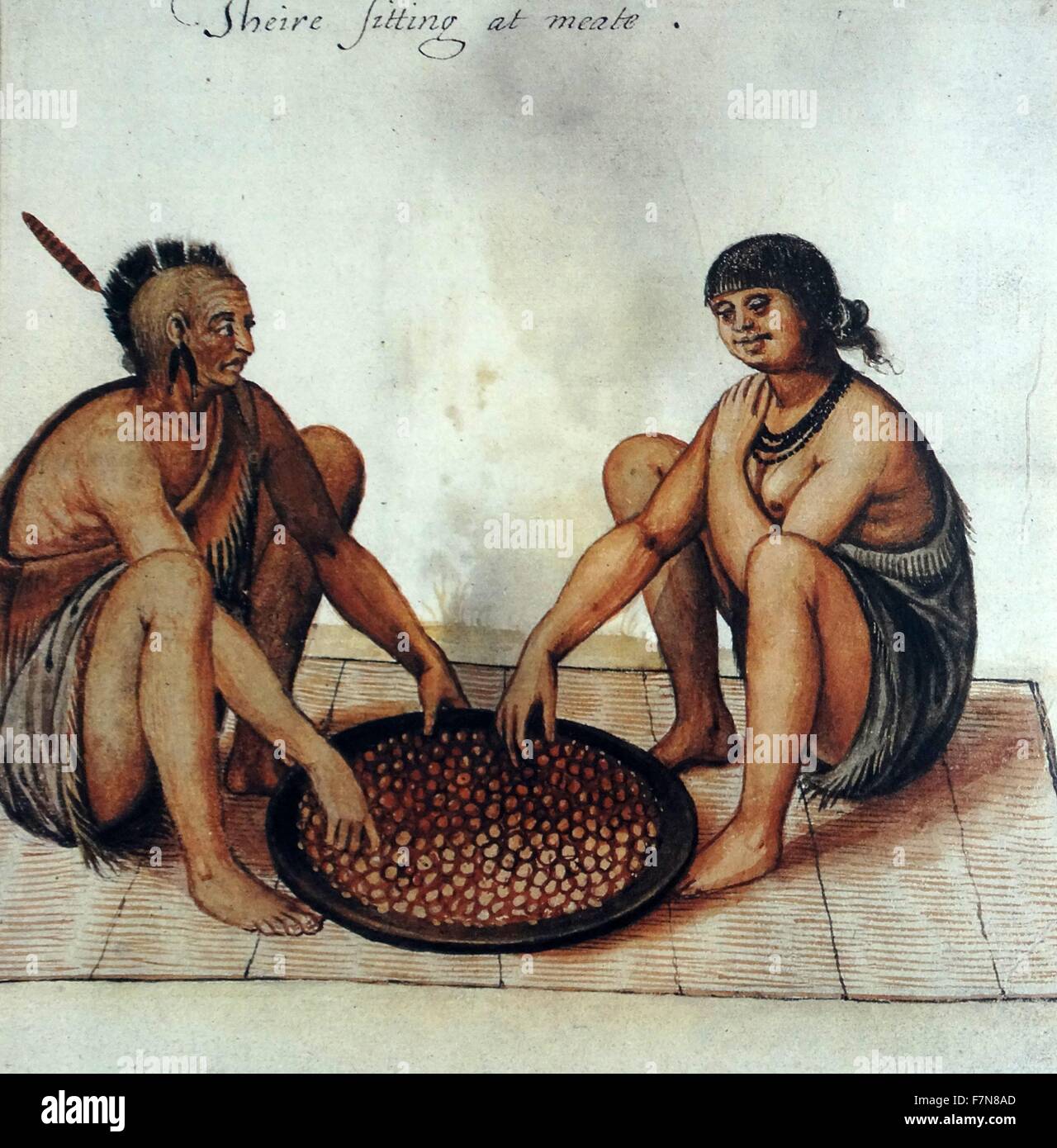 Aquarell Zeichnung "die amerikanischen Ureinwohner Essen Mais" von John White (1585-1586 erstellt). Stockfoto