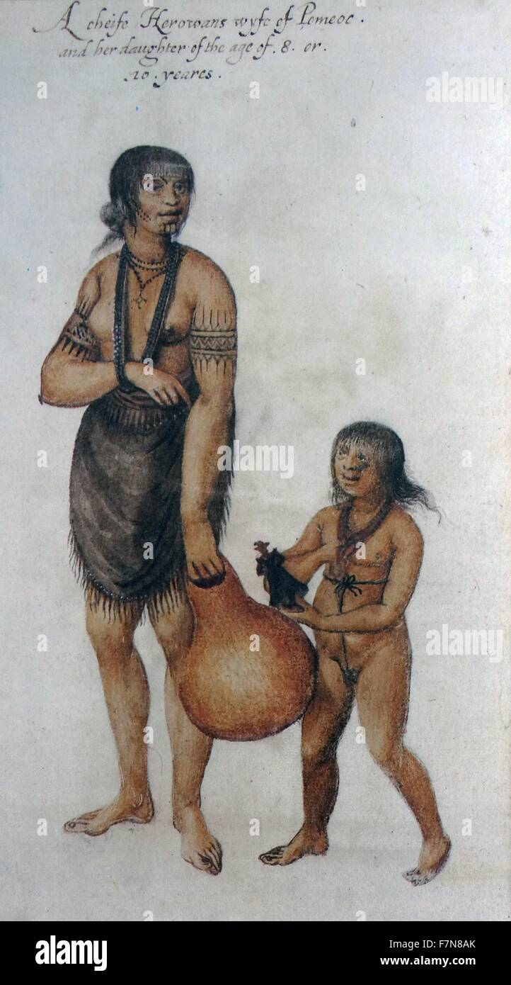 Eine Frau von einem indischen verovance oder Chef der Pomeiooc von John White (1585-1586 erstellt). Eine Frau eines indischen verovance oder Chef der Pomeiooc Stockfoto