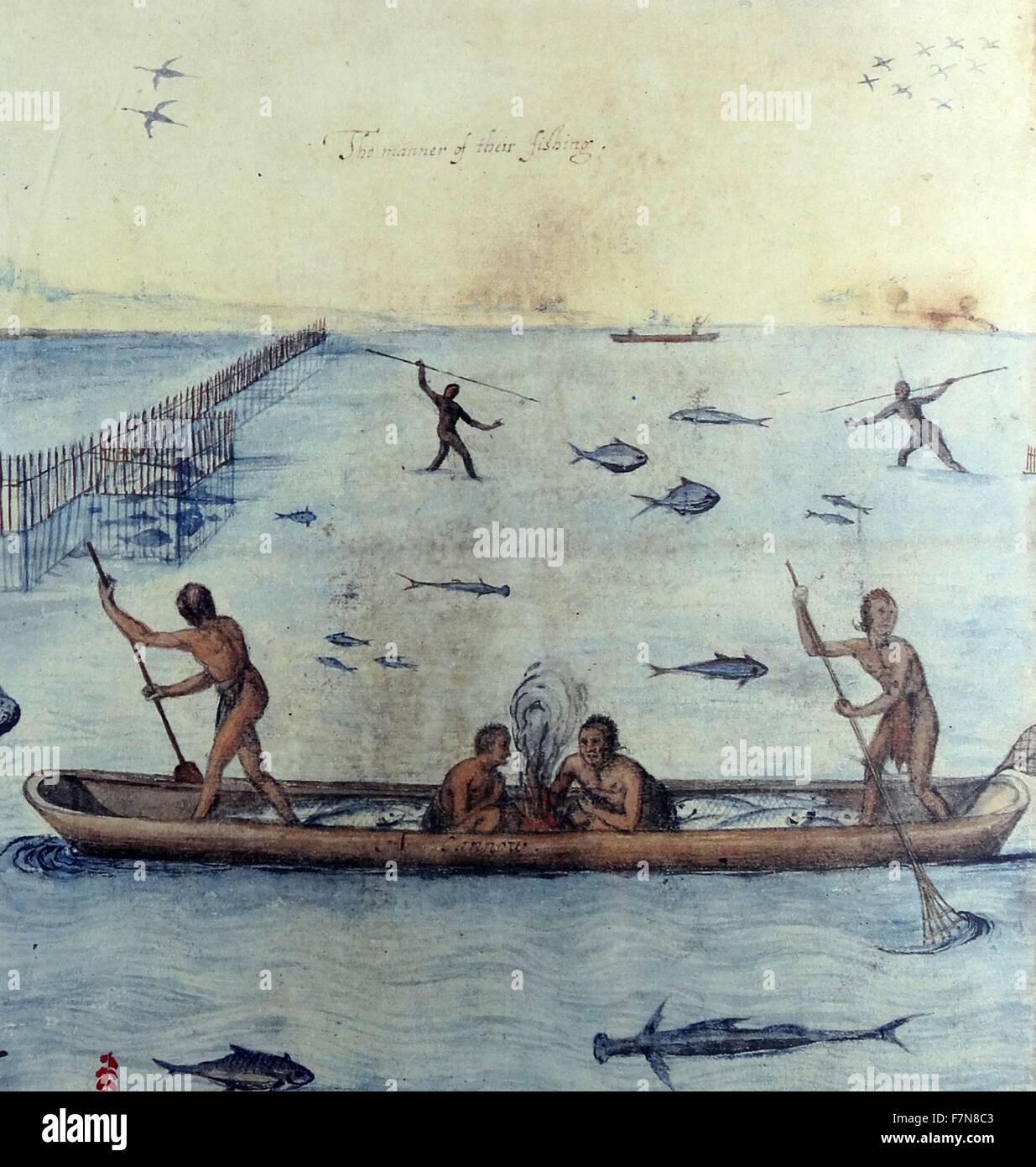 Aquarell Zeichnung "Indianer Fishing" von John White (1585-1586 erstellt). Stockfoto