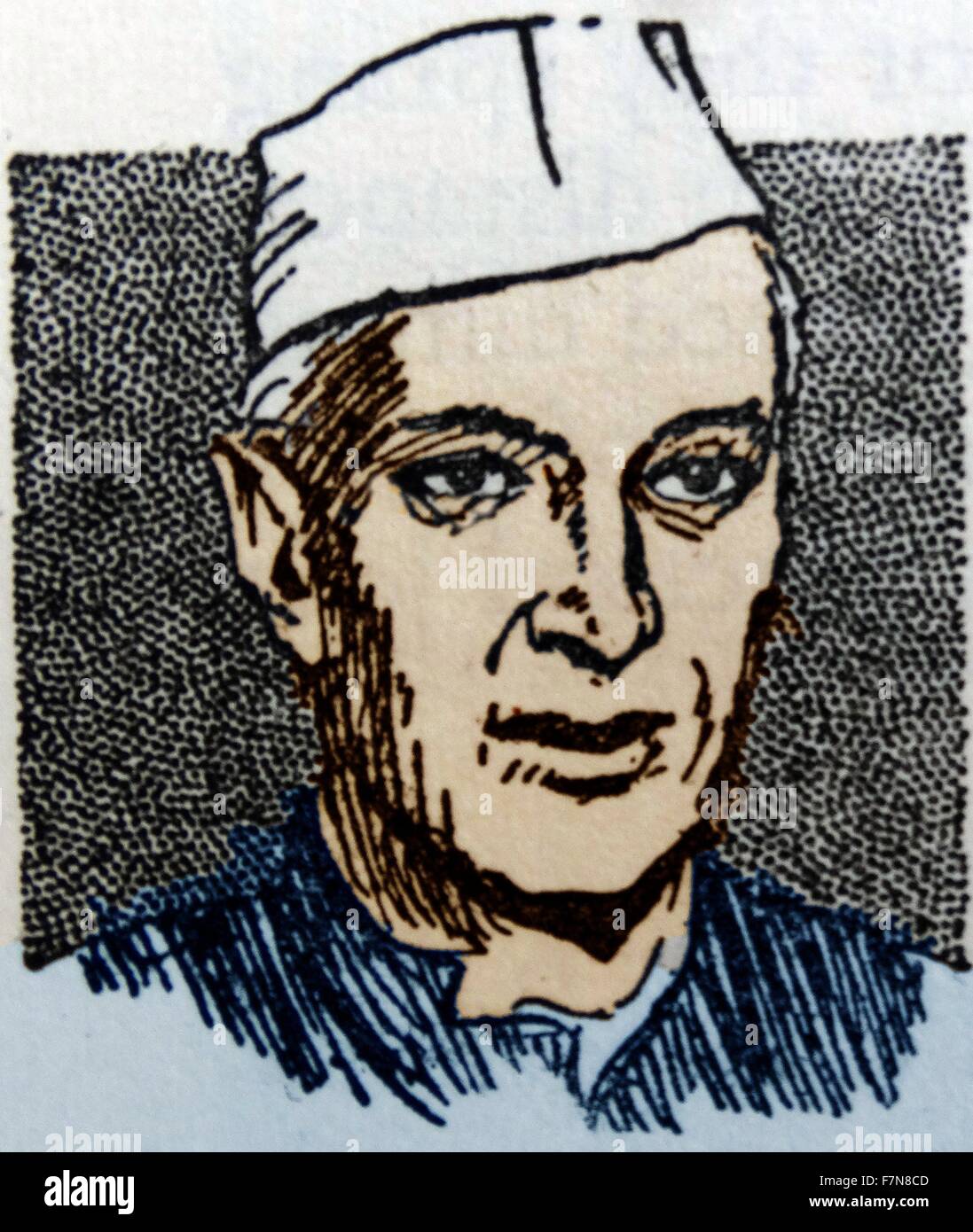 Farbe, Zeichnung von erster Premierminister von Indien Jawaharlal Nehru (1889-1964) und eine zentrale Figur in der indischen Politik. Datiert 1940 Stockfoto