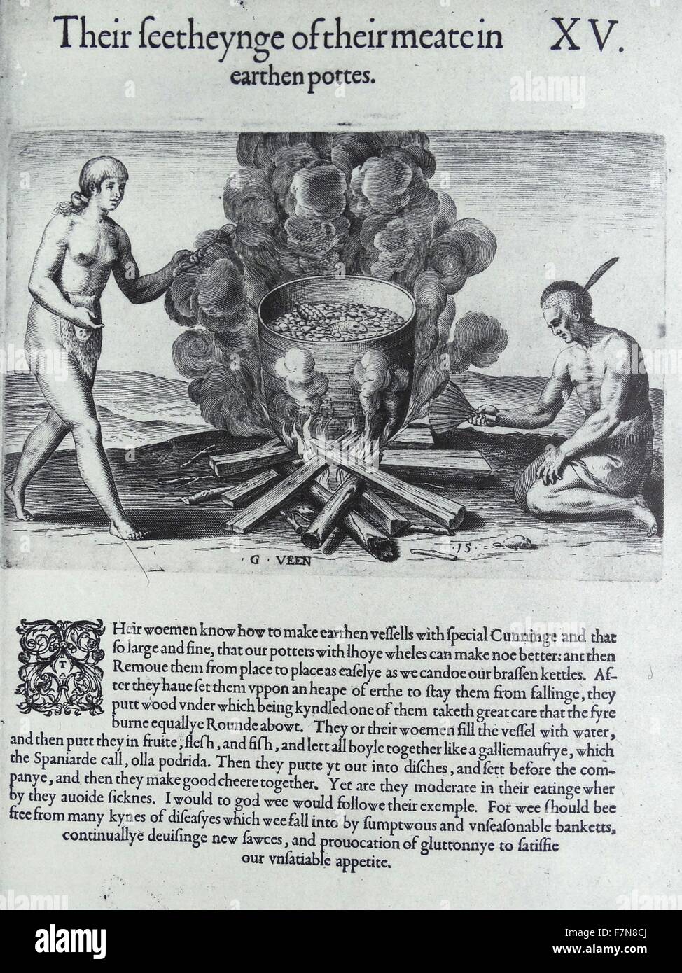 Abbildung der Indianer in einem irdenen Topf kochen. Vom 17. Jahrhundert Stockfoto