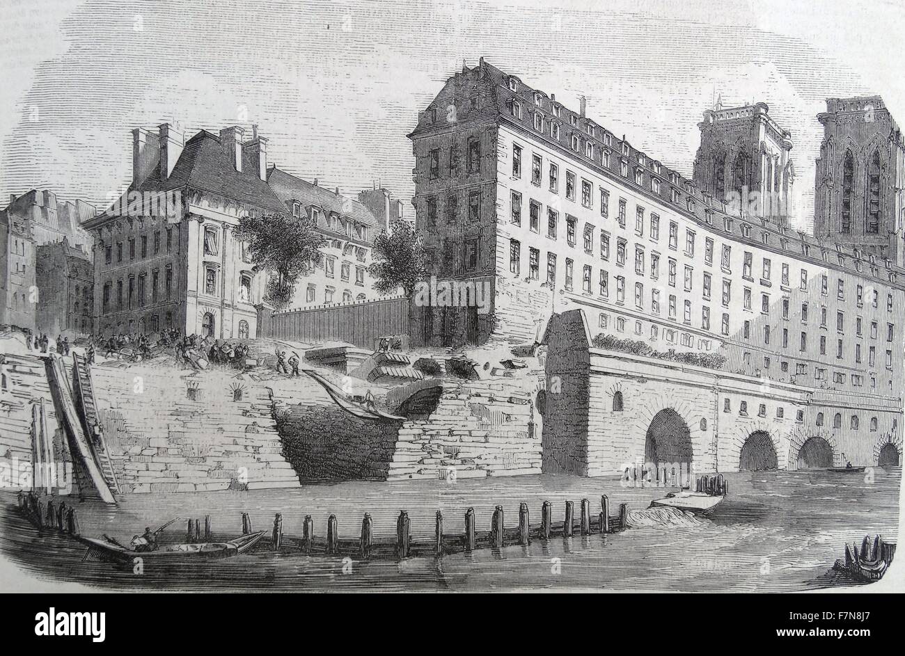 Abbildung zeigt den Abriss einer kleinen Brücke in Paris. Vom 1870 Stockfoto