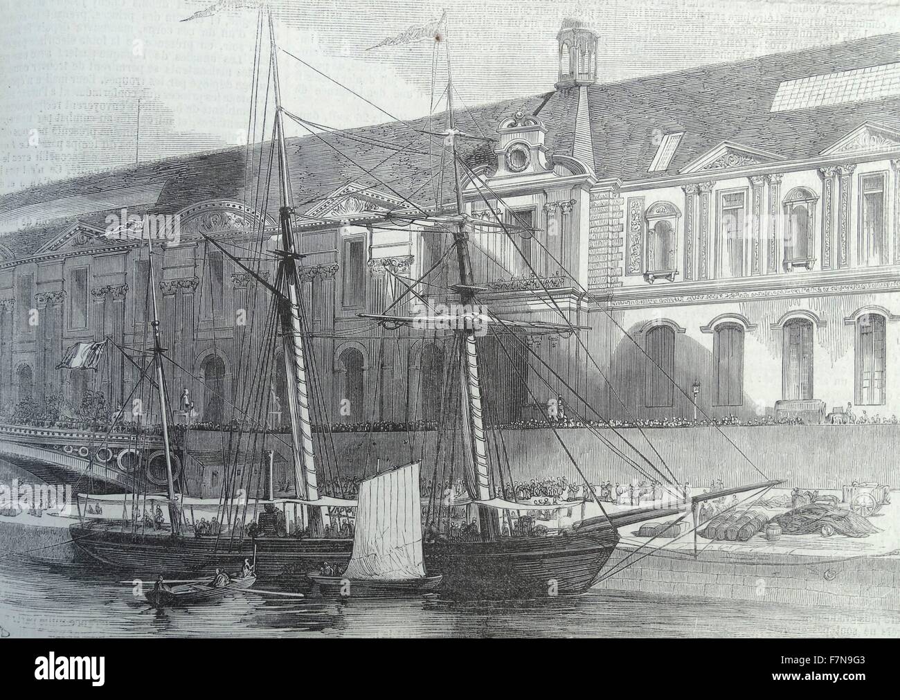 Abbildung von einem Dreimaster Goëllette Boot durch den Port des Heiligen Nikolaus in Paris. Vom 1860 Stockfoto