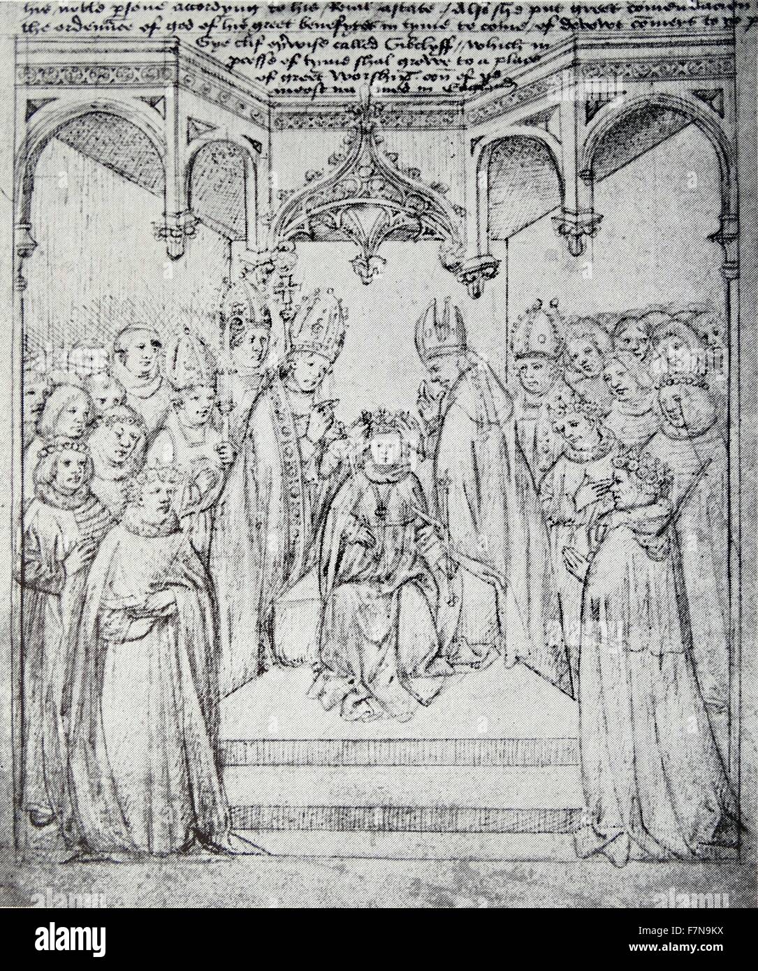 Stich zeigt die Krönung von Heinrich VI. von Frankreich (1553 – 1610) der erste französische Monarch von Haus von Bourbon. Vom Jahre 1589 Stockfoto