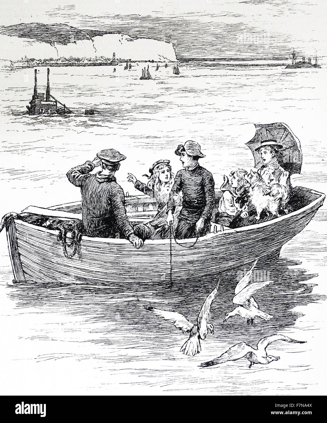Abbildung aus einem Buch Darstellung Kinder oben auf einem u-Boot vor der Küste von Dover hingewiesen. U-Boote wurden in weit verbreiteten Einsatz während des frühen 20. Jahrhunderts genommen. Stockfoto