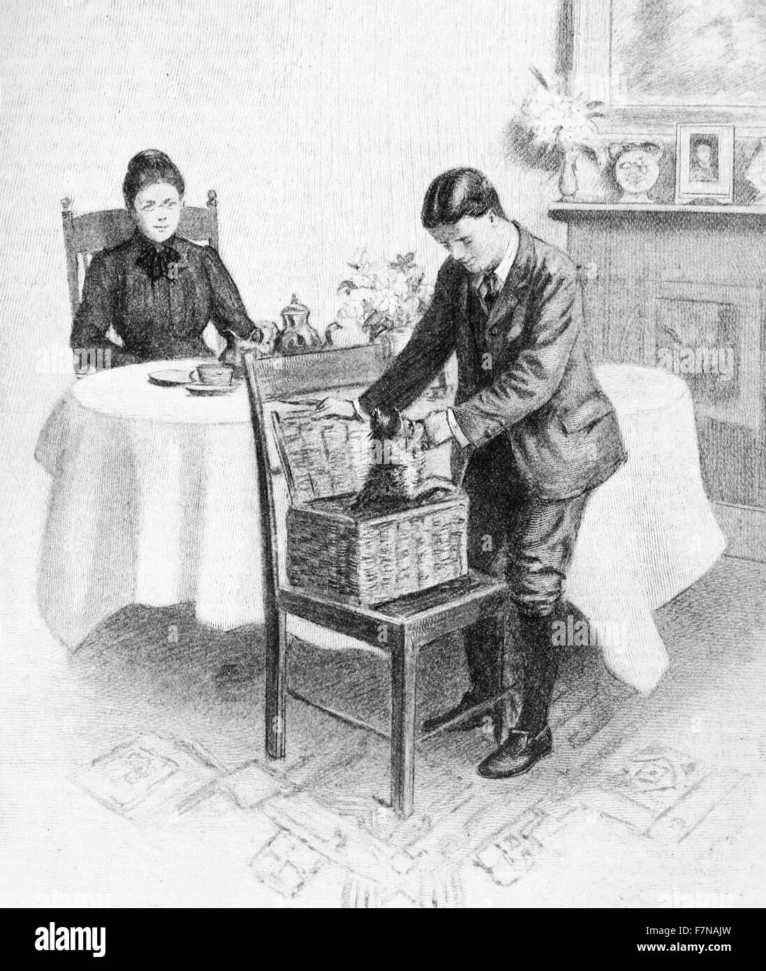 Abbildung aus einem Buch Darstellung ein Welpen aus einem Korb springen. Datiert 1913 Stockfoto
