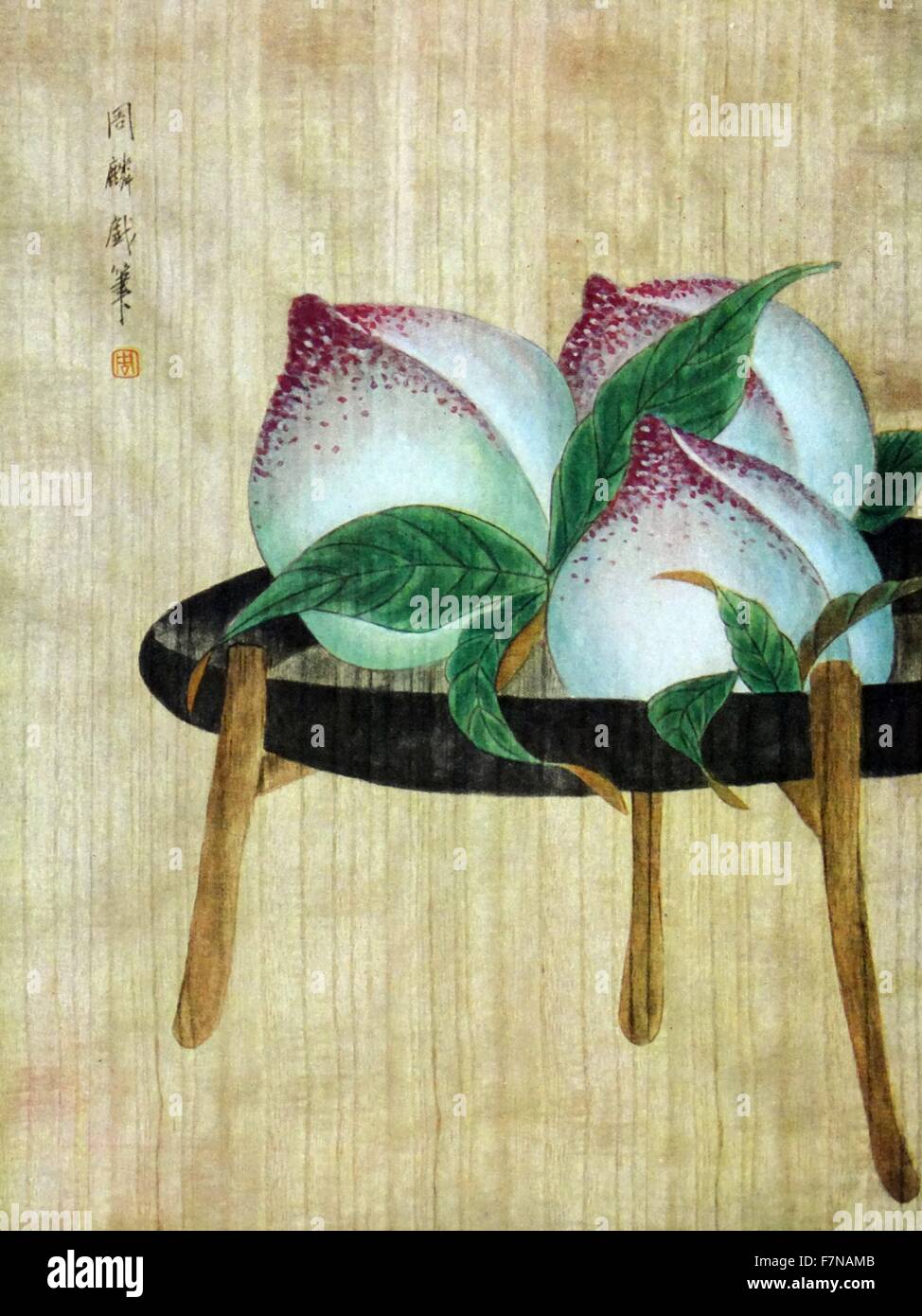 Zhou Ling "Pfirsiche" Anfang des 20. Jahrhunderts, chinesische Stillleben malen Stockfoto