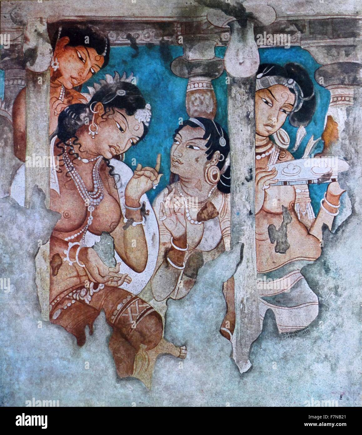Szene in einem Palast; Fresken aus den Ajanta Höhlen in Aurangabad Bezirk von Maharashtra, Indien sind etwa 30 Fels gehauenen buddhistischen Höhle Monumente aus dem 2. Jahrhundert BCE, über 480 oder 650 CE. Stockfoto