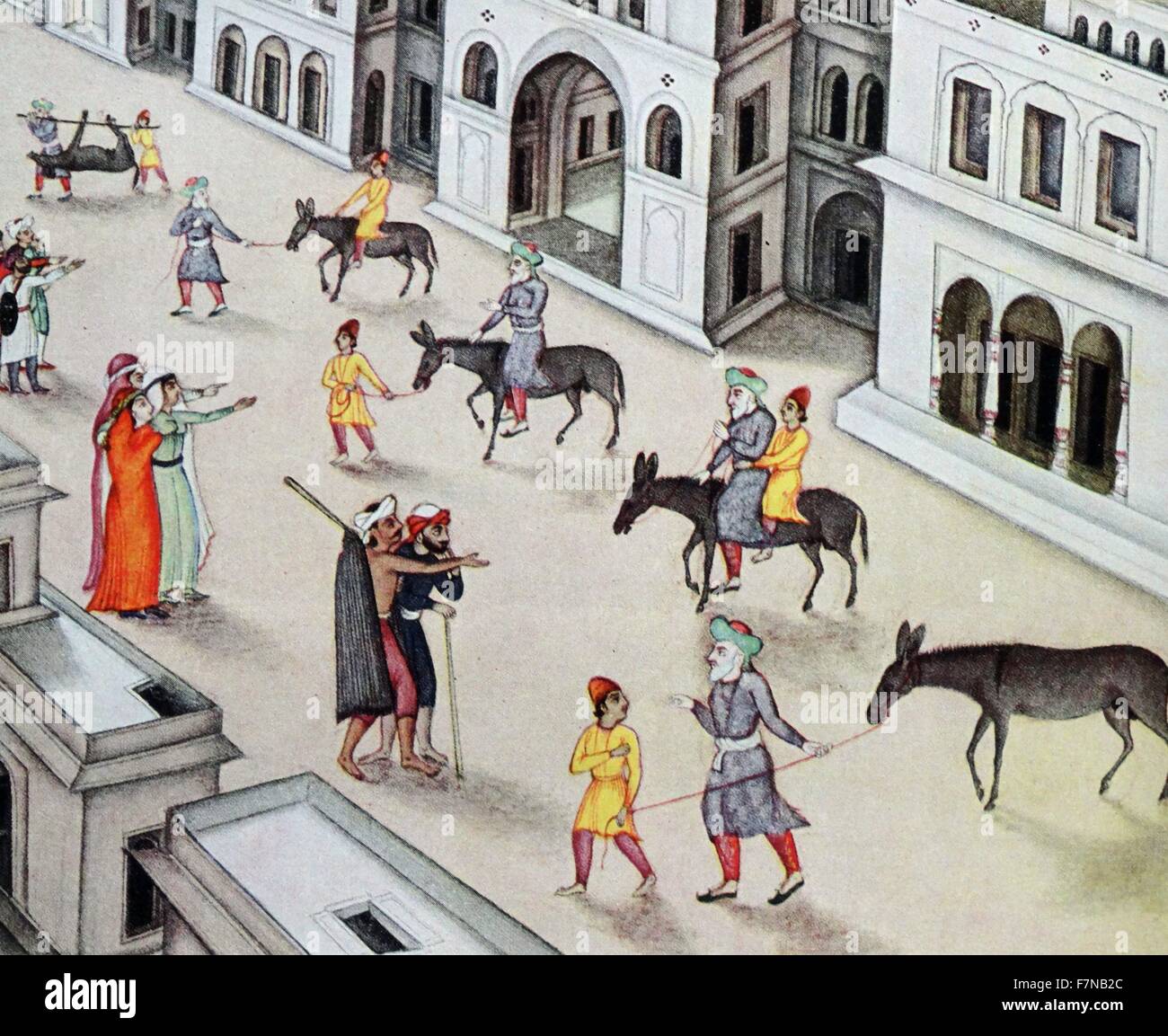 Der Müller und sein Sohn mit einem Esel.  Moghul Stil indische Malerei des 19. Jahrhunderts Stockfoto