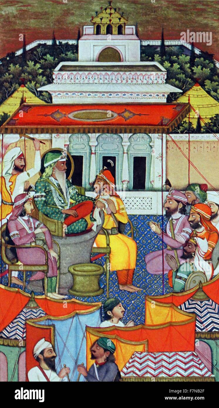 Treffen von Ranjit Singh der Maharadscha von Lahore und zwei Europäer, Ventura, eine Italienische durch Geburt, und Allard, ein Franzose. Sie kamen nach Lahore 1822 Dienst in der Sikh Armee zu suchen. Sie hatten viele ein Märchen von der Pracht des Ranjit Singh Gericht hörte und sich mit der Idee der Besuch in Lahore. Maharaja Ranjit Singh (13. November 1780 bis zum 27. Juni 1839) der Begründer der Sikh Reich war Stockfoto