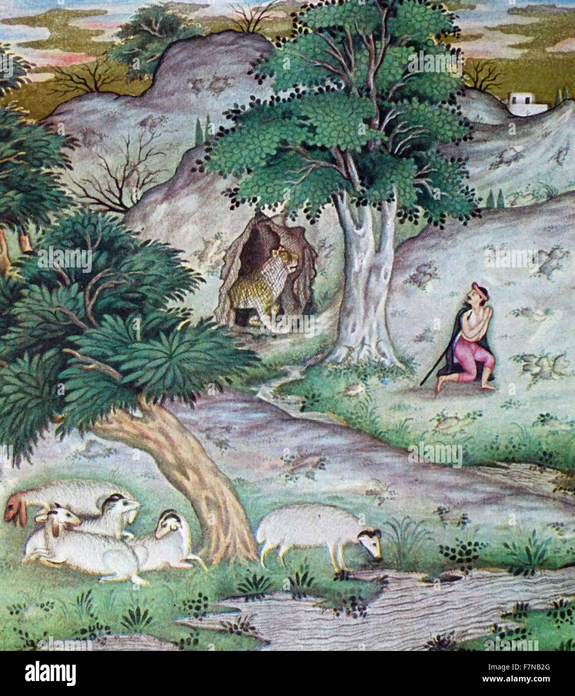Mughal indische Version von The Shepherd und der Löwe ist die erste Fabel von Buch VI von Jean De La Fontaine aus dem 19. Jahrhundert Stockfoto