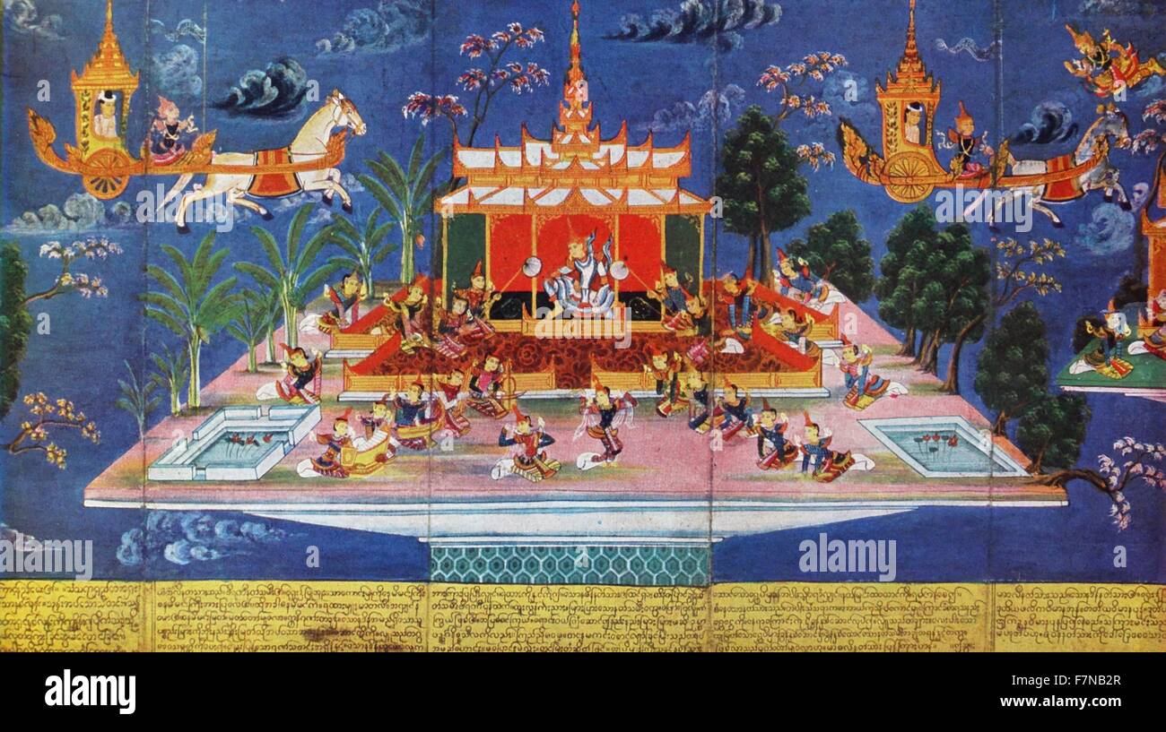 Nimi tourt die verschiedenen Himmel. Burmesische Bildschirm malen; des 19. Jahrhunderts. Nimi gilt als der erste König von Mithila in der Abstammung von Janaks in Janakpur, Nepal geboren. Stockfoto