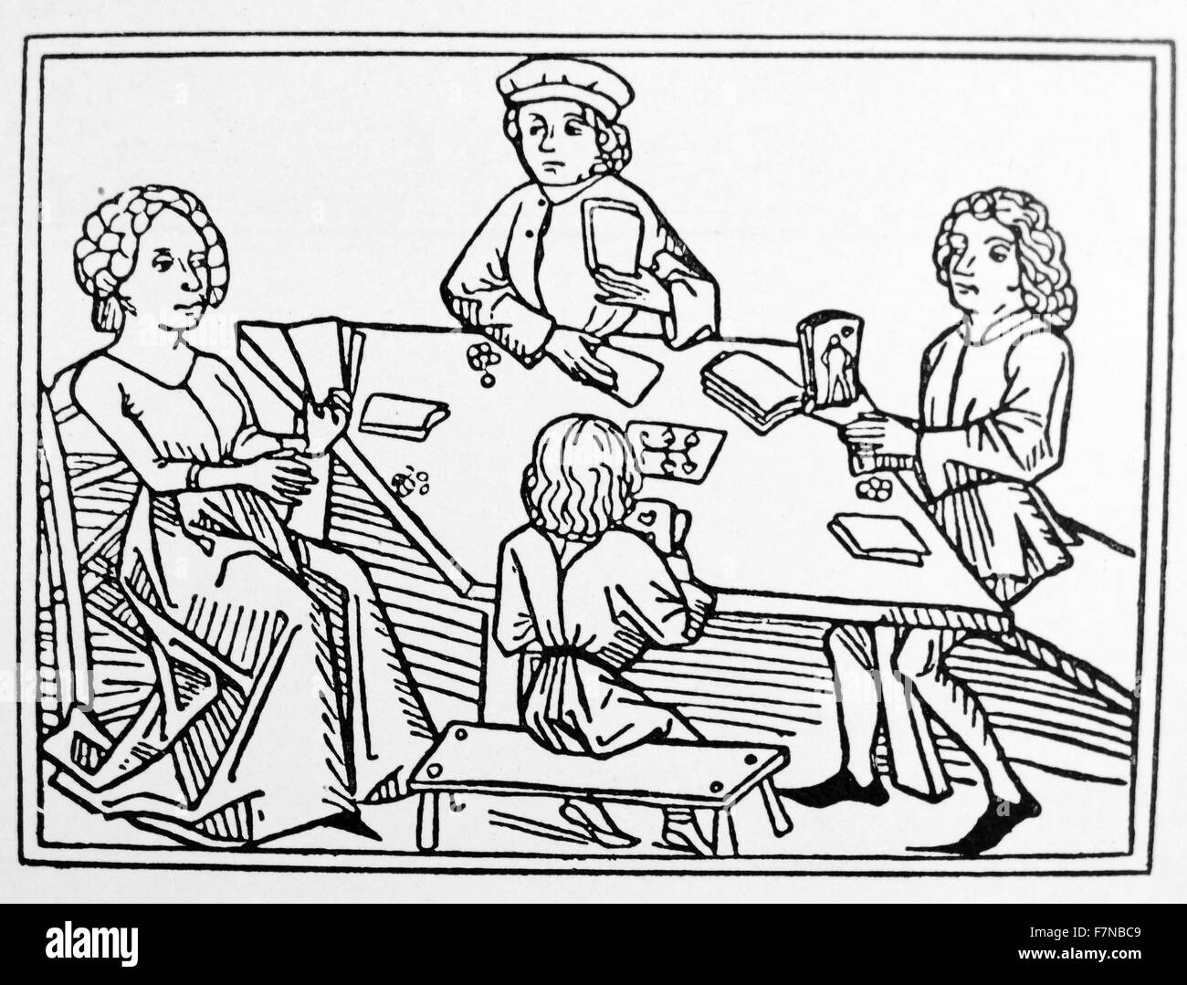 Deutsche Holzschnitt zeigt ein Kartenspiel datiert auf 1450 Stockfoto