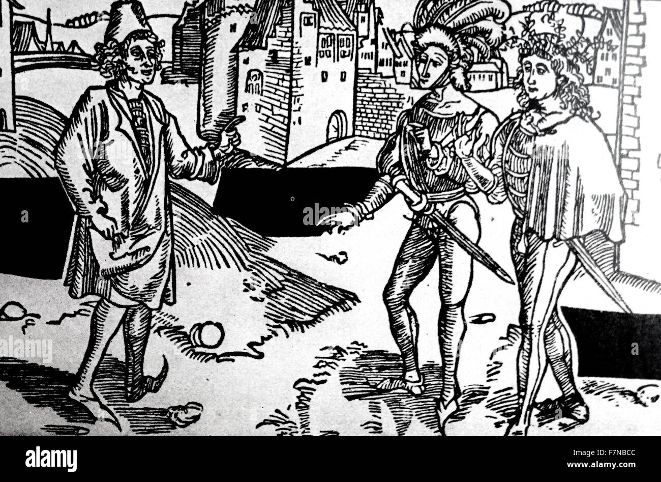 Holzschnitt von Dürer Albrect zeigt eine Szene aus dem Komödien von Terence 1493. Publius Terentius Afer (195/185 - 159 v. Chr.), in Englisch besser bekannt als Terence, war ein Dramatiker der Römischen Republik nordafrikanischer Herkunft. Seine Komödien wurden zum ersten Mal um 170-160 v. Chr.. Stockfoto