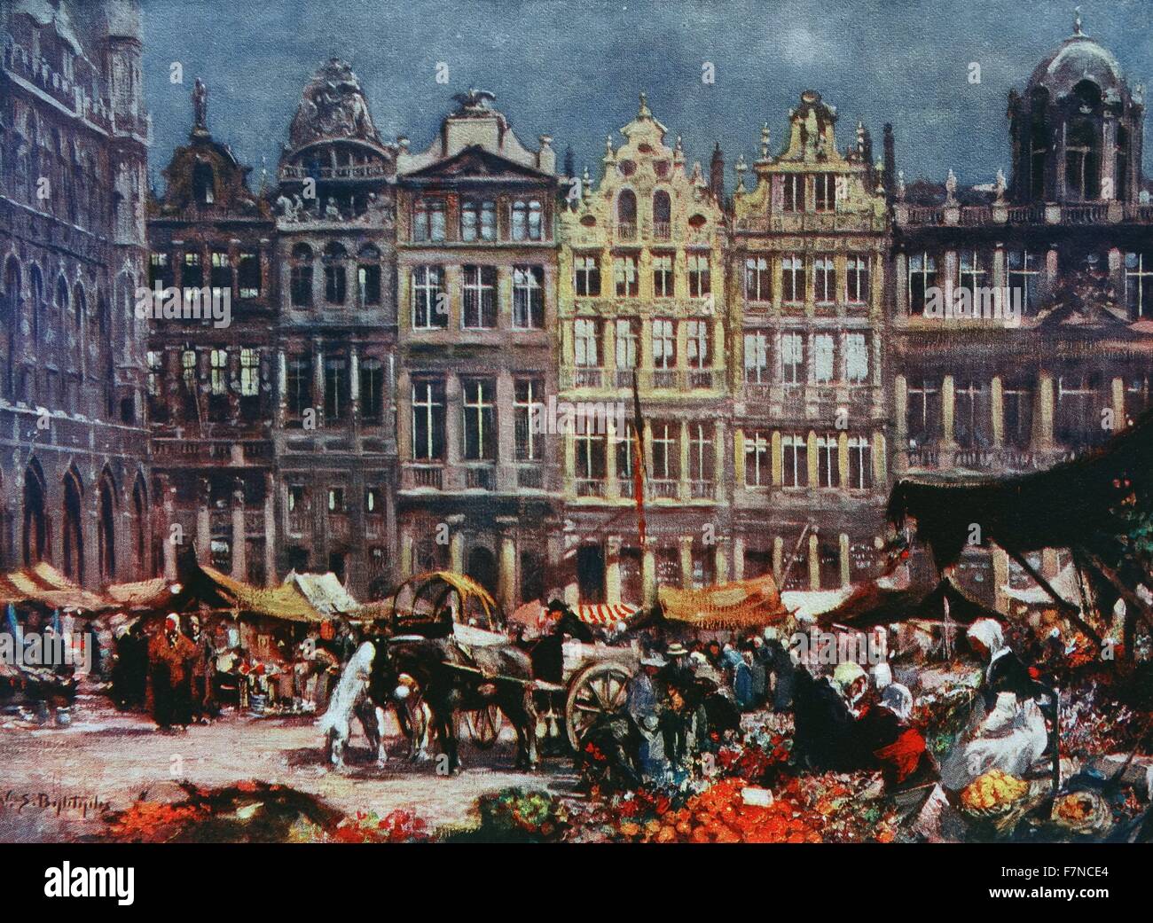 Die Grand Place oder Grote Markt ist der zentrale Platz in Brüssel.  Es ist umgeben von opulenten Zunfthäuser und zwei größere Gebäude, Rathaus der Stadt und das Brot Hausbau mit den Museen der Stadt Brüssel. Stockfoto