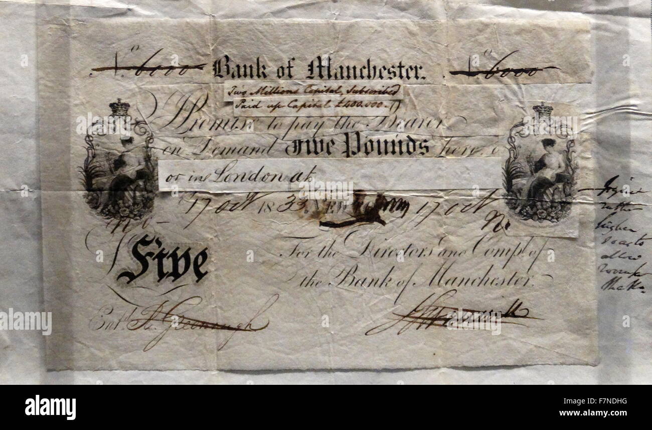 Fünf-Pfund-Banknote von englische Stadt Manchester 1833 Stockfoto